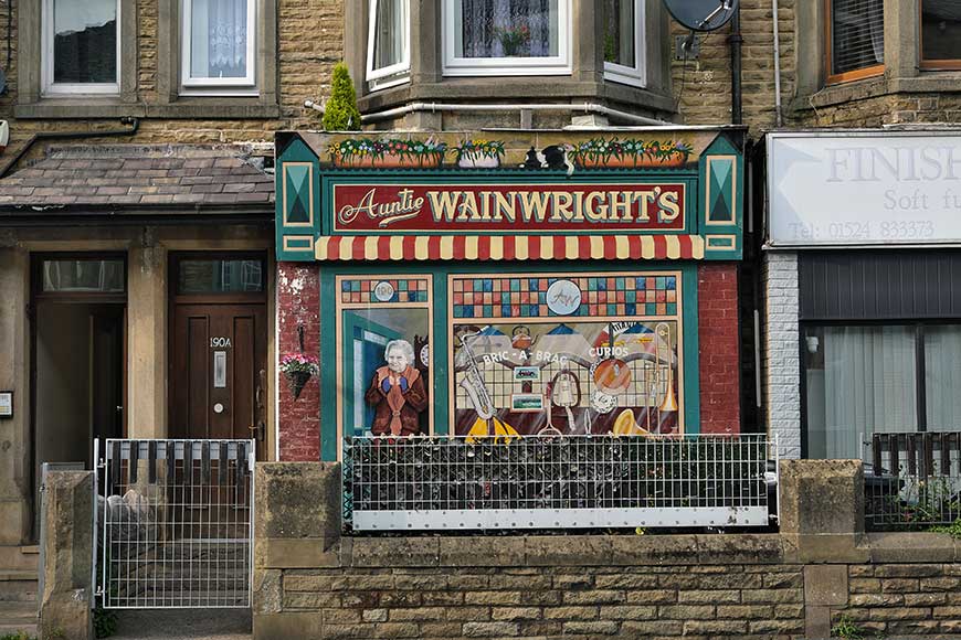 Mural of Auntie Wainwright's shopfront on a house in Euston Road, Morecambe