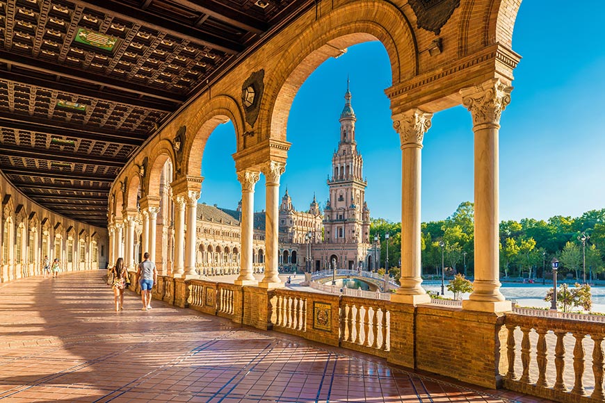 Plaza de Espana is an architectural ensemble located in the Maria Luisa Park in Seville, Spain. It was built as the main building of the Ibero-American Exposition of 1929.