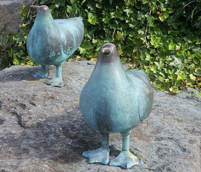 Plump metal seagull sculptures near Eric Morecambe Statue, Marine Rd Central, Morecambe