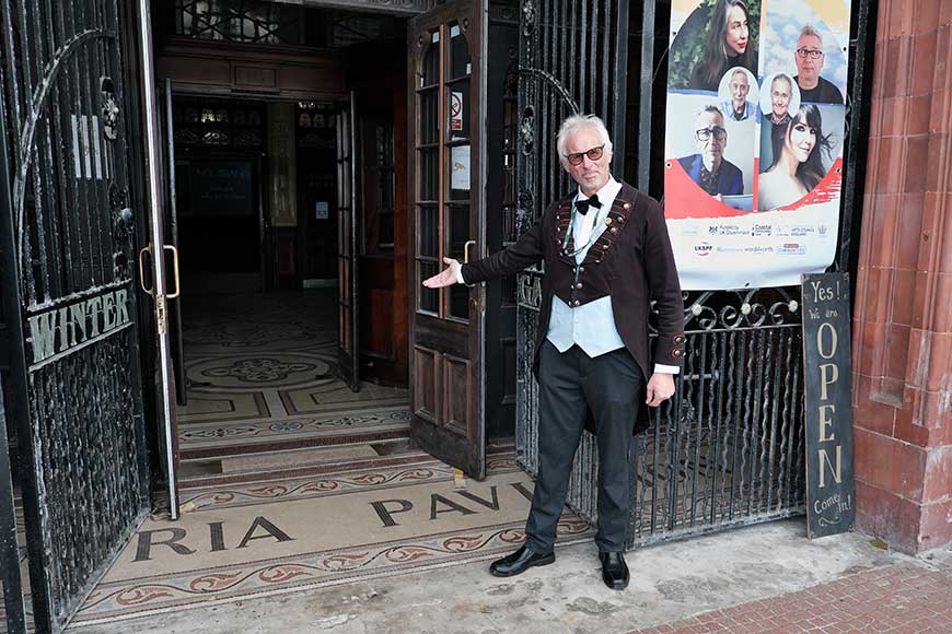 Doorman at the entrance to the Winter Gardens in Morecambe UK