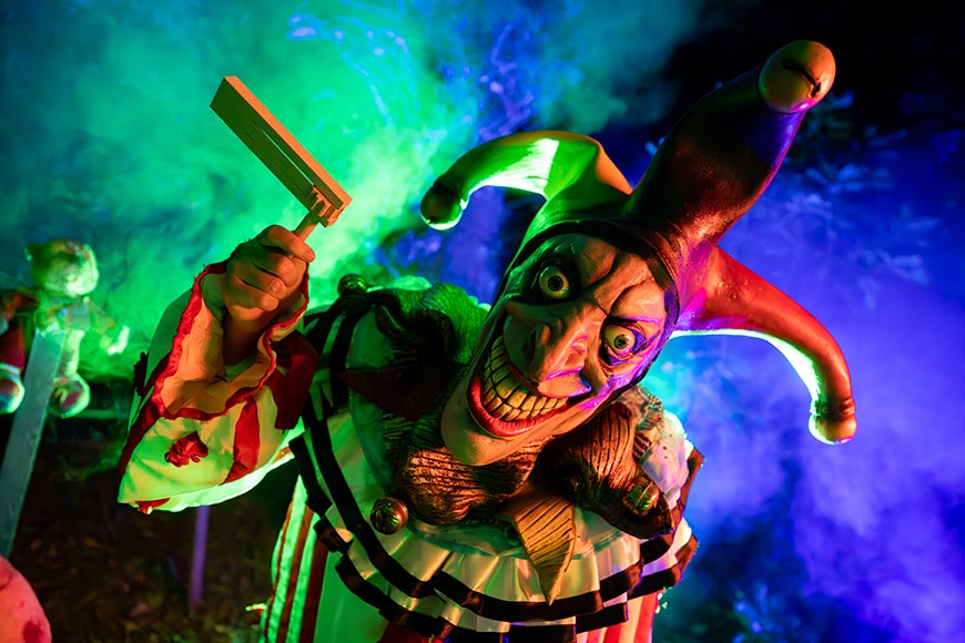 Clown character in the Dark Hollow scare zone at Alton Towers Scarefest

best UK Halloween events