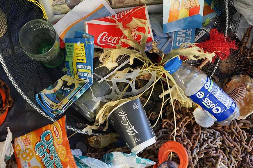 Selection of litter, takeaway coffee cups, plastic bottles, crisp bags etc.