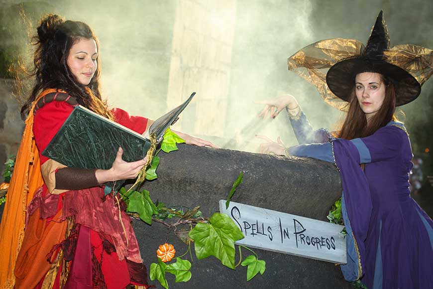 Two witches with spell book and cauldron