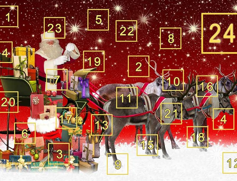 Advent calendar image with Santa, reindeer, sleigh, and presents