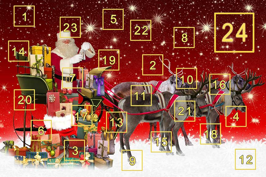 Advent calendar image with Santa, reindeer, sleigh, and presents