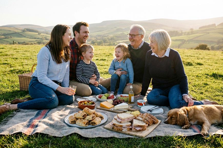 A I image of a family, grandparents, parents, and 2 children having a picnic in the countryside
