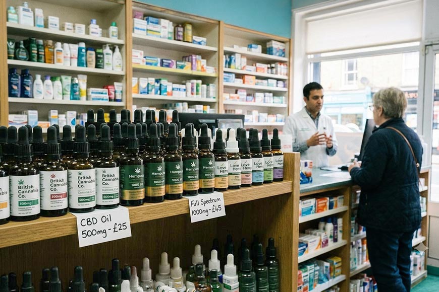 A I generated image of CBD oil on a shelf in a chemist shop