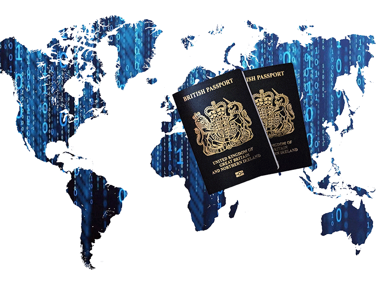 British passports on map of the world