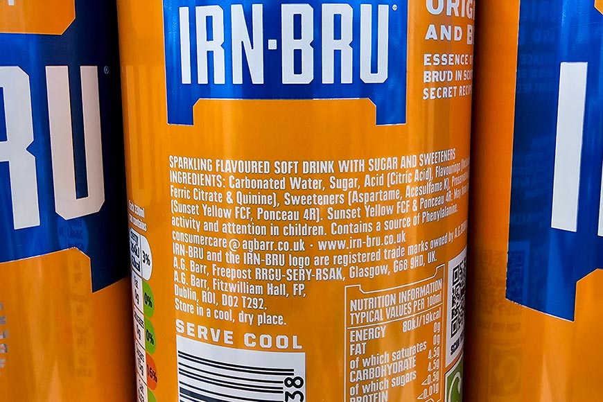 Close-up of ingredients list on the side of an Irn-Bru can