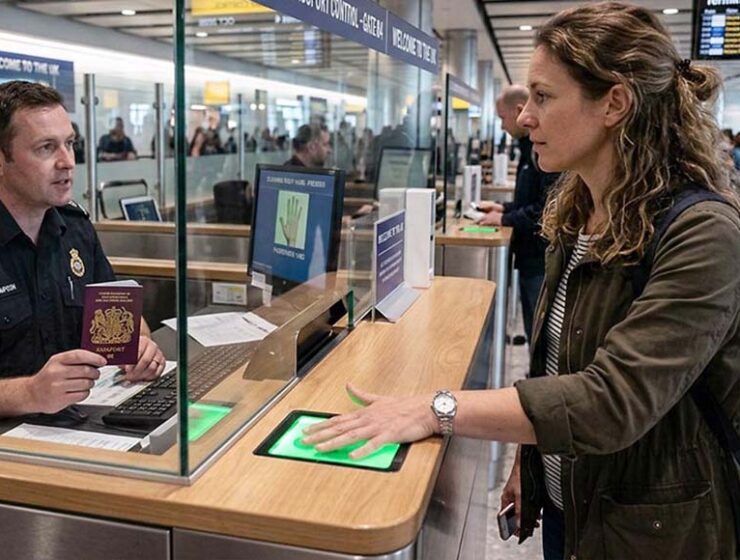 An AI generated image of a female using the fingerprint scanner at passport control with the officer holding her passport