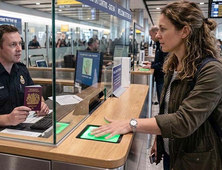 An AI generated image of a female using the fingerprint scanner at passport control with the officer holding her passport