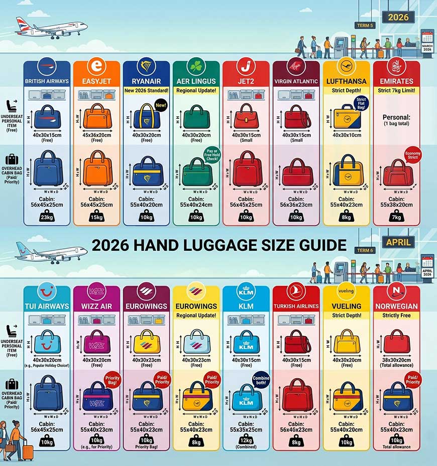 Photo showing hand luggage sizes for popular airlines.

Hand luggage rules 2026