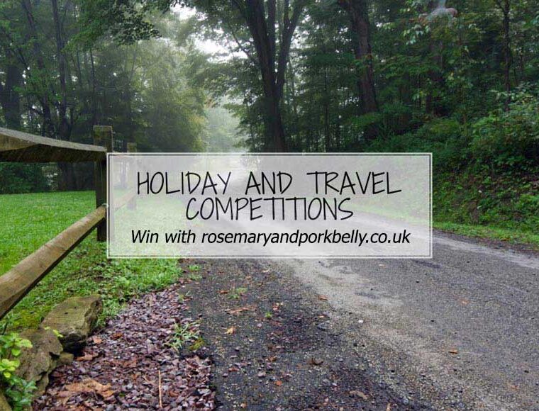 Holiday and Travel Competitions image of a road lined with trees and a fence with the text Holiday and Travel Competitions Win with rosemaryandporkbelly.co.uk in the centre.