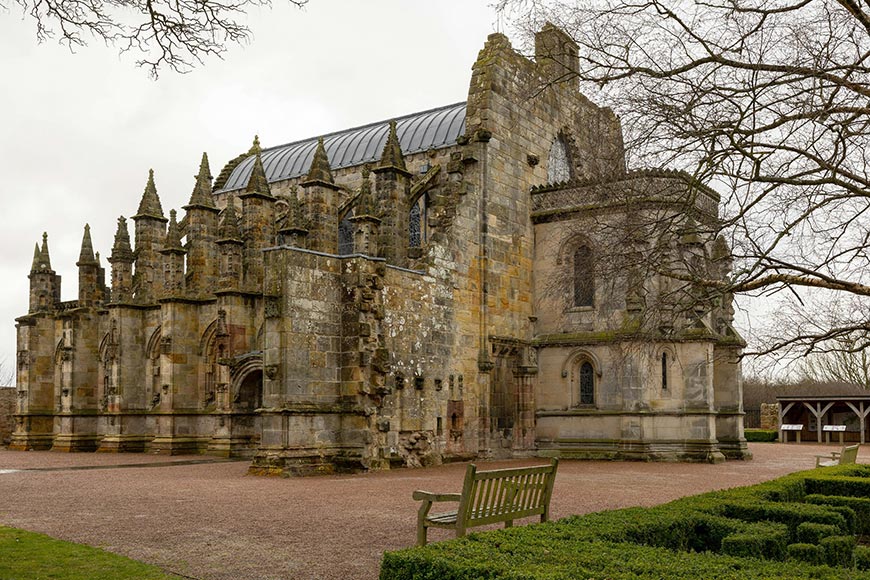 Left front profile of Rosslyn Chapel located near Edinburgh, Scotland