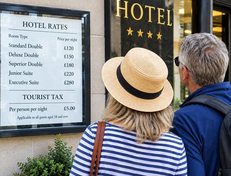 ChatGPT AI image of two people looking at a sign giving hotel rates and tourist tax price outside a hotel