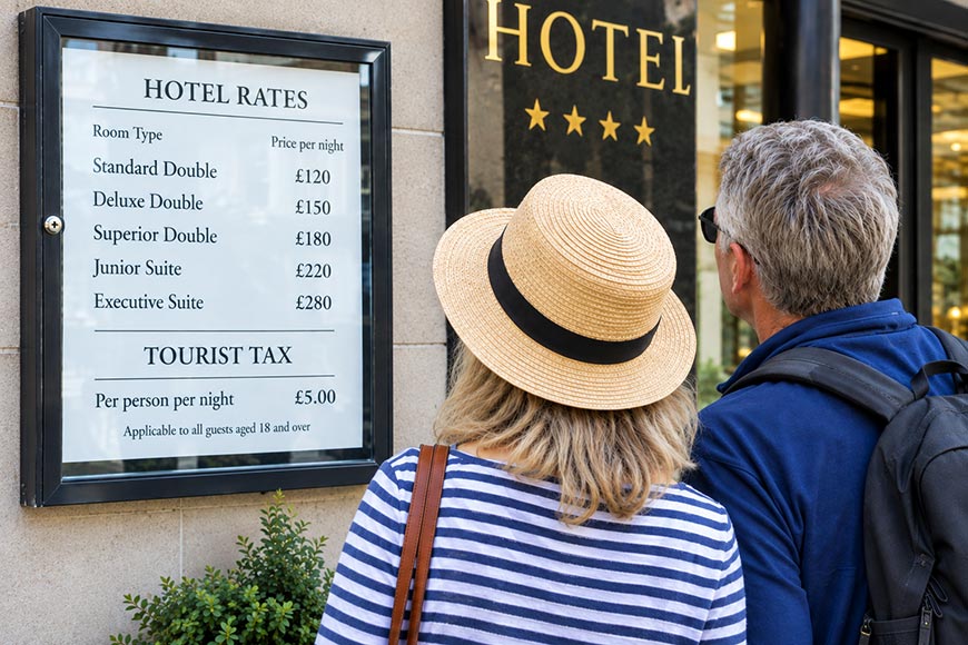 ChatGPT AI image of two people looking at a sign giving hotel rates and tourist taxes outside a hotel