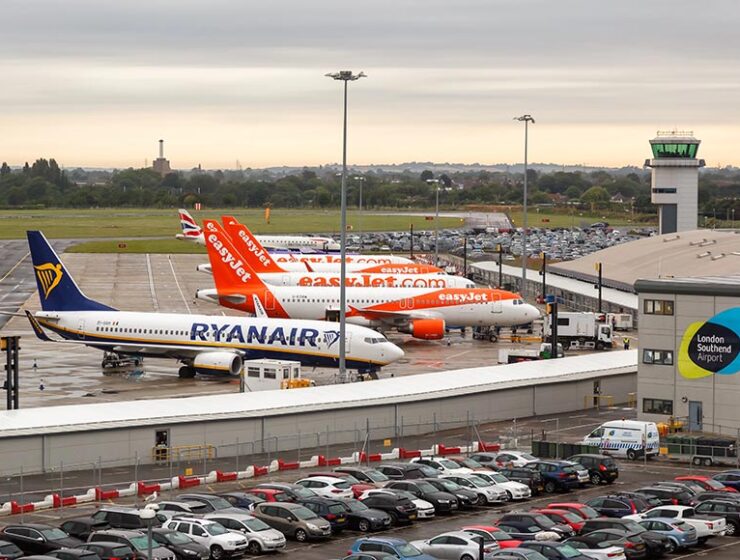 Southend, United Kingdom July 7, 2019: Ryanair and EasyJet airplanes at London Southend airport SEN in the United Kingdom.