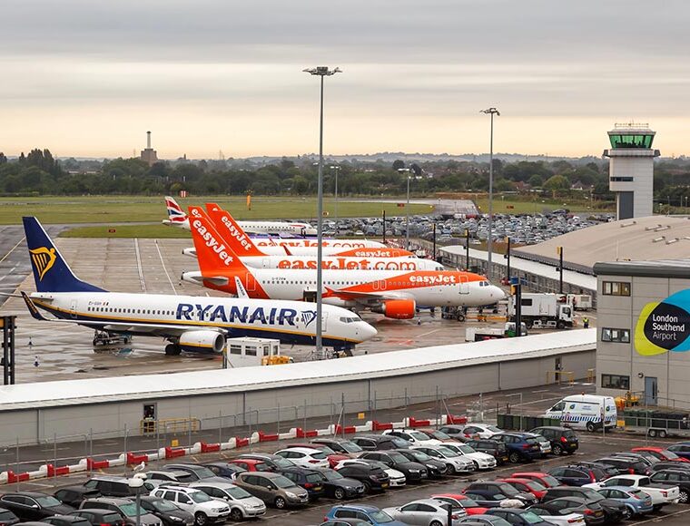 Southend, United Kingdom July 7, 2019: Ryanair and EasyJet airplanes at London Southend airport SEN in the United Kingdom.